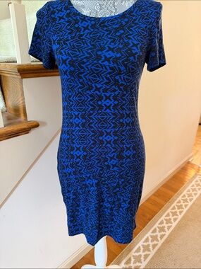 Apt. 9 Blue and Black Short Sleeve Geometric Midi Dress